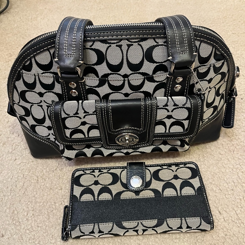 Coach Black and Gray Signature Satchel with Leather Trim